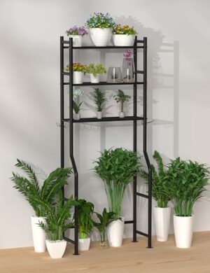 3-Tier Over The Toilet Storage, Freestanding Metal Bathroom Shelves with 4 Hooks, Over Toilet Storage Shelf with Paper Holder, Above The Toilet Shelf for Bathroom Storage, Black - Image 7