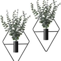 Jexine 2 Pcs Hanging Planters with Artificial Eucalyptus Metal Hanging Vase Indoor Plants Holder Modern Geometric Boho Wall Decor for Living Room Home Office(Black)