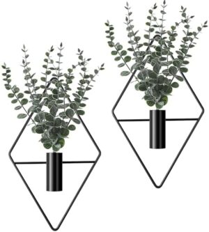 Jexine 2 Pcs Hanging Planters with Artificial Eucalyptus Metal Hanging Vase Indoor Plants Holder Modern Geometric Boho Wall Decor for Living Room Home Office(Black)