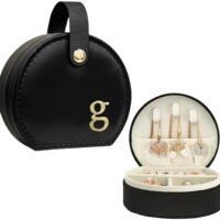 COLLECTIVE HOME - Travel Jewelry Case, Elegant Half-Moon Design with Gold Monogram, Detachable Handle, Personalized Accessory Organizer, Gift for Fashion-Forward Women and Teens, Black (g)