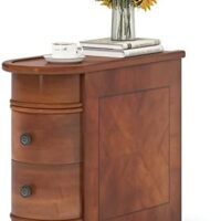LITTLE TREE Wood End Table with 2 Drawers Sofa Side Table, No Assembly Required Vintage Slim Nightstand Bedside Table for Bedroom