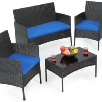 Athena Collection Outdoor Patio Furniture Set of 4, Rattan Outdoor Table and Chairs Sofa Set, Wicker Law Patio Conversation Furniture for Balcony, Front Porch, Bistro, Backyard, Black Blue