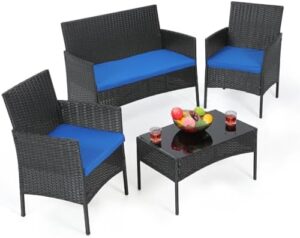 Athena Collection Outdoor Patio Furniture Set of 4, Rattan Outdoor Table and Chairs Sofa Set, Wicker Law Patio Conversation Furniture for Balcony, Front Porch, Bistro, Backyard, Black Blue