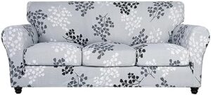 SearchI Stretch Sofa Cover Printed Couch Cover, Floral Pattern 4 Pieces Sofa Slipcover with 3 Separate Cushion Cover, Washable Furniture Protector for Living Room(Sofa, Leaf Pattern)