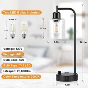 Industrial Table Lamps for Bedrooms Set of 2 - Fully Dimmable Bedside Lamps with USB A and C Ports and Outlet, Black Nightstand Lamps with Glass Shade for Living Room, Desk Lamps for Office Reading - Image 2