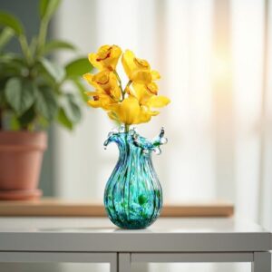 Green Glass Bubble Vase for Flowers, 8.5" Blown Glass Vase for Home Decor, Modern Art Flower Vases Decorative | Table Centerpiece, Olive Plant, Wedding, Living Room, Bookshelf, Office, Entryway - Image 5
