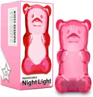 Gummygoods Squeezable Gummy Bear Night Light - Rechargeable, Portable, Squishy Lamp, 60-Min Sleep Timer - Christmas Gift for Kids & Adults, Baby Nursery, and Dorm Rooms - (Pink)