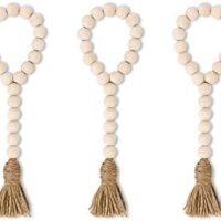 TIMEYARD Wood Bead Garland with Tassels Farmhouse Decor 3Pcs Rustic Country Prayer Beads Wall Hanging Decor