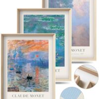 Framed Claude Monet Water Lilies Canvas Wall Art,Vintage Impressionist Botanical Painting,16x12IN High Framed Design Prints,Minimalist Classic Decor Aesthetic for Living Room,Bedroom,Bathroom Set of 3