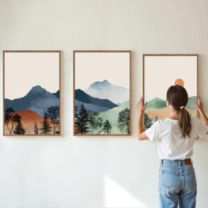 SIGNINART Boho Mountain Framed Canvas Wall Art Set of 3, Watercolor Nature Landscape Set Art Prints, Modern Sunrise Art Paintings, Green Forest Wall Decor for Living Room, Bedroom, Office 16"x24"x3 - Image 2