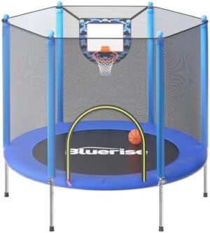 BLUERISE Trampoline 55IN 6FT Toddler Trampoline for Kids Indoor Outdoor Play for Kids Trampoline Basketball Hoop Attachment with Enclosure Net Easy to Assemble Outdoor Indoor Trampoline