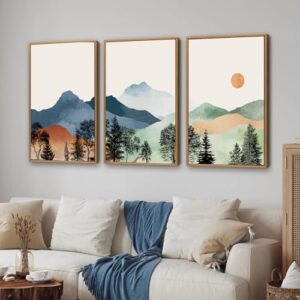 SIGNINART Boho Mountain Framed Canvas Wall Art Set of 3, Watercolor Nature Landscape Set Art Prints, Modern Sunrise Art Paintings, Green Forest Wall Decor for Living Room, Bedroom, Office 16"x24"x3 - Image 5