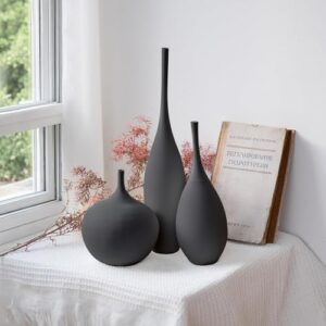 Black Ceramic Vase Modern Boho Wabi-Sabi Flower Vase Set of 3 Decorative Aesthetic Vases for Centerpieces Pampas Matte Minimalist Vases for Living Room Table Shelf Home Decor Gift - Image 4