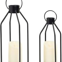 HPC Decor Modern Farmhouse Lanterrn Decor- Black Metal Candle for Christmas- Lanterns w/Timer Flickering Candles for Living Room,Home,Indoor, Outdoor,Table,Fireplace Mantle Décor