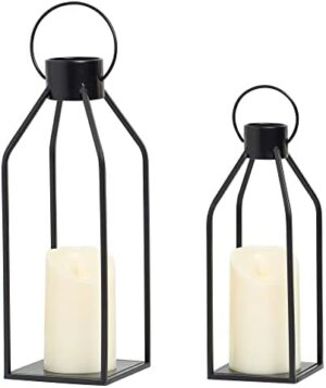 HPC Decor Modern Farmhouse Lanterrn Decor- Black Metal Candle for Christmas- Lanterns w/Timer Flickering Candles for Living Room,Home,Indoor, Outdoor,Table,Fireplace Mantle Décor