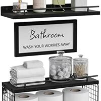 WOPITUES Floating Shelves for Bathroom Wall Decor Sign, Bathroom Organizers and Storage, Bathroom Shelves Over Toilet with Metal Guardrail-Black