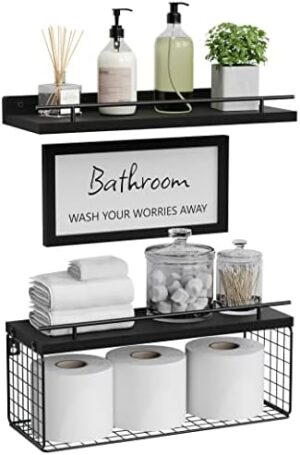 WOPITUES Floating Shelves for Bathroom Wall Decor Sign, Bathroom Organizers and Storage, Bathroom Shelves Over Toilet with Metal Guardrail-Black