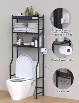 3-Tier Over The Toilet Storage, Freestanding Metal Bathroom Shelves with 4 Hooks, Over Toilet Storage Shelf with Paper Holder, Above The Toilet Shelf for Bathroom Storage, Black - Image 5