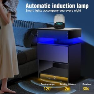 Nightstand Set 2,Nightstand with Charging Station,Induction Light and LED Light,Bedside Table with Drawers,Modern Nightstand End Side Table for Bedroom,Nightstands with Bookshelf,Black - Image 4