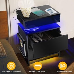 Nightstand Set 2,Nightstand with Charging Station,Induction Light and LED Light,Bedside Table with Drawers,Modern Nightstand End Side Table for Bedroom,Nightstands with Bookshelf,Black - Image 3