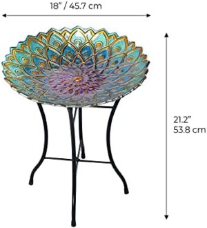 Teamson Home Handpainted Mosaic Flower Fusion Glass Pedestal Bird Bath for Outdoor Patio Garden Backyard Decking Décor, 21 inch Height, Blue and Purple - Image 5