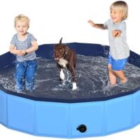 63" x 12" Foldable Dog Pool - Collapsible Hard Plastic Kiddie Pool for Dogs & Kids, Non-Slip Pet Bath Tub for Outdoor Backyard Use, Lightweight & Portable (Blue)