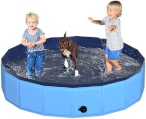63" x 12" Foldable Dog Pool - Collapsible Hard Plastic Kiddie Pool for Dogs & Kids, Non-Slip Pet Bath Tub for Outdoor Backyard Use, Lightweight & Portable (Blue)