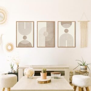 BINCUE Beige Neutral Canvas Wall Art Framed Geometric Abstract Wall Decor Mid Century Modern Artwork Wall Decor for Living Room Bedroom Office 16"x24" Set 3 Gift - Image 2
