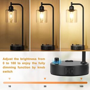 Industrial Table Lamps for Bedrooms Set of 2 - Fully Dimmable Bedside Lamps with USB A and C Ports and Outlet, Black Nightstand Lamps with Glass Shade for Living Room, Desk Lamps for Office Reading - Image 3