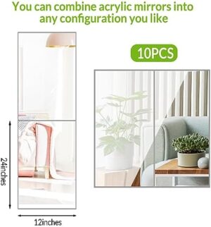Queekay 10 Pcs Home Gym Mirrors 12" x 24" Acrylic Wall Mirror Tiles 2mm Thick Self Adhesive Mirror Sheets Frameless Wall Mounted Mirror Stickers Decor for Workout Bedroom Ceiling - Image 6