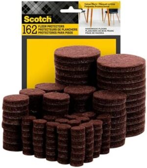 Scotch Felt Pads 162 PCS Brown, Felt Furniture Pads for Protecting Hardwood Floors, Round, Assorted Sizes Value Pack, Self-Stick design, Protecting from nicks, dents and scratches (SP847-NA)
