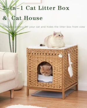 Cat Litter Box Enclosure Hidden Litter Box Furniture with Metal Heightened Feet, Rattan Handwoven Cat House with Litter Mat, Hidden Litter Box Furniture for Bedroom Living Room Natural - Image 2