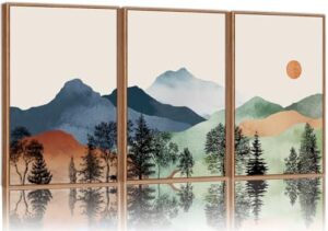 SIGNINART Boho Mountain Framed Canvas Wall Art Set of 3, Watercolor Nature Landscape Set Art Prints, Modern Sunrise Art Paintings, Green Forest Wall Decor for Living Room, Bedroom, Office 16"x24"x3