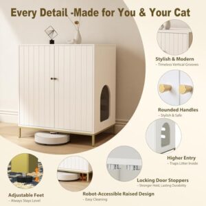 Stylish Cat Litter Box Enclosure, Modern Hidden Litter Box Furniture with Tall Legs, Side Entrance, and Dual Use as End Table for Living Room or Bedroom (White & Gold) - Image 4