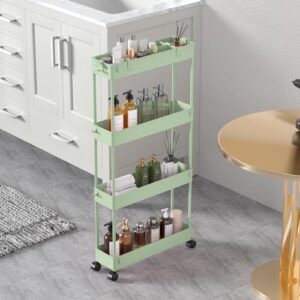 SPACELEAD Slim Storage Cart 4 Tier,Bathroom Organizer Rolling Utility,Mobile Shelving Unit Slide Out for Office, Kitchen, Laundry Room & Narrow Places，Green