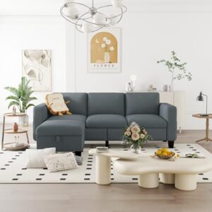 ZeeFu Convertible Sectional Sofa Couch,Classic 3 Seat L-Shaped Sofa with Movable Ottoman, Modern Dark Grey Velvet Fabric Upholstered Small Sectional Sofa Couch for Small Apartment Living Room Office - Image 3