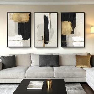 Large Framed Black and White Abstract Wall Art for Living Room, 3 Piece Big Canvas Prints Paintings Artwork for Walls, Modern Minimalist Black Gold Pictures for Hallway Office Wall Decor 24x36 Inch