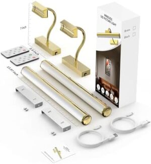 Picture Light Battery Operated, 13in Wireless Art Light for Paintings, Dimmable 5000mAh Recharging Battery Picture Light with Remote Control for Wall, Gallery Dartboard Art Bedroom (Gold-2Pack) - Image 7