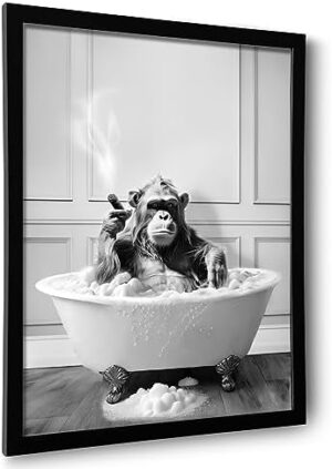 Framed Bathroom Decor Wall Art, Chimpanzee in Bathtub, Black and White Wall Art, Funny Bathroom Wall Decor Signs, Cute Animal Art Home Decor (Framed,8''x10'')