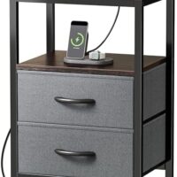 Huuger Nightstand with Charging Station, Fabric Drawers, End Table with Open Shelf, Bedside Table with USB Ports and Outlets, Night Stand for Bedroom, Walnut