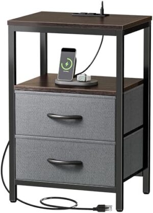 Huuger Nightstand with Charging Station, Fabric Drawers, End Table with Open Shelf, Bedside Table with USB Ports and Outlets, Night Stand for Bedroom, Walnut