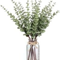 VIERENA 17.5" Artificial Eucalyptus Stems in Glass Vase with Faux Water,Fake Plant Eucalyptus Leaves White Seeds for Centerpiece Table Decorations Farmhouse Wedding Home Greenery Decor (Sage Green)