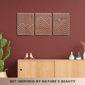qmmp Modern Wooden Wall Sculptures - Set of 3 - MDF - Oak - Home Decor Accent - Large Wall Art for Living Room, Bedroom, Office - Easy Installation (Oak, Medium - Mountain and Sun, Unframed) - Image 5