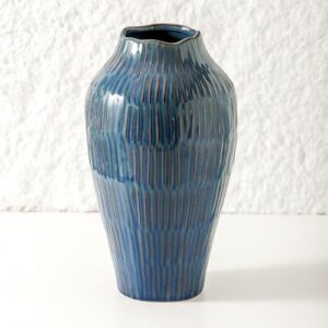 Blue Ceramic Vase for Home Decor - 11.6 Inch, Pampas Grass Vase with Modern Art Texture for Living Room, Dining Table, Farmhouse, Office Decor