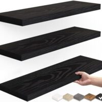 BAYKA Floating Shelves for Wall, Wall Mounted Rustic Wood Shelves for Bathroom, Bedroom, Living Room, Kitchen, Hanging Shelf for Books/Storage/Room Decor with 22lbs Capacity (Black, Set of 3, 15.7in)