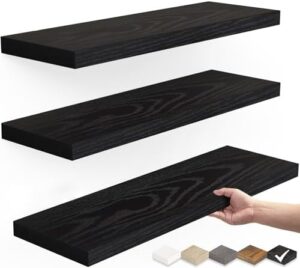 BAYKA Floating Shelves for Wall, Wall Mounted Rustic Wood Shelves for Bathroom, Bedroom, Living Room, Kitchen, Hanging Shelf for Books/Storage/Room Decor with 22lbs Capacity (Black, Set of 3, 15.7in)