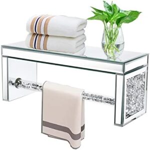 TACIDON Glass Mirrored Wall Shelf. Wall Mounted for Over Toilet. Glamorous Crystal Diamond Glass Towel Bar. Decorative Storage Glass Shelf for Bathroom, Kitchen or Bedroom.(Silver)