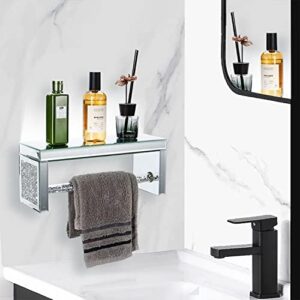 TACIDON Glass Mirrored Wall Shelf. Wall Mounted for Over Toilet. Glamorous Crystal Diamond Glass Towel Bar. Decorative Storage Glass Shelf for Bathroom, Kitchen or Bedroom.(Silver) - Image 2