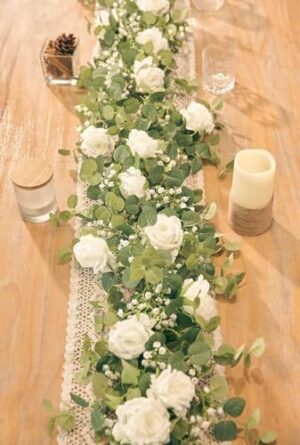 Anna's Whimsy 2PCS 5.91FT Artificial Eucalyptus Garland with Flowers, Fake Rose Gypsophila Garland, Faux Floral Garland Greenery Garland for Wedding Spring Home Party Table Runner Decor(White)