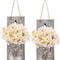 HOMKO Decorative Mason Jar Wall Decor - Rustic Wall Sconces with 6-Hour Timer LED Fairy Lights and Flowers - Farmhouse Home Decor (Set of 2)